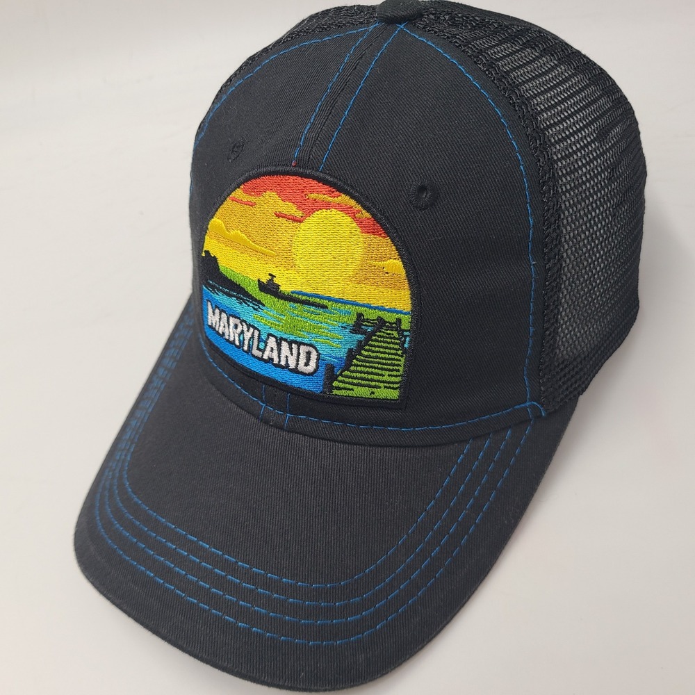 Maryland Hat Snapback Trucker Mesh Black Blue Sunset Ships Water Patch Logo Men
